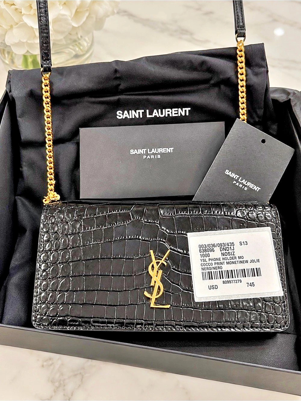 YSL - Saint Laurent Phone Holder Purse in Crocodile-Embossed Shiny Leather Black